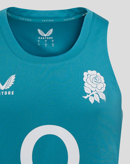 Close up of front chest showing rose crest and Castore logo on storm blue England Rugby singlet with O2 logo partially visible