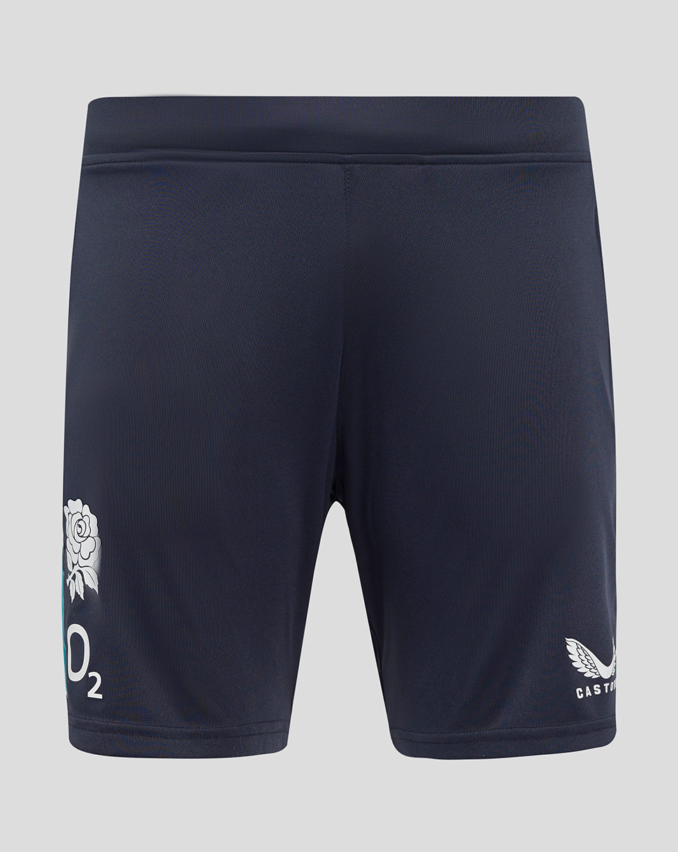 Navy England Rugby knit shorts with elastic waistband rose crest on left leg O2 branding on left leg and Castore logo on right leg