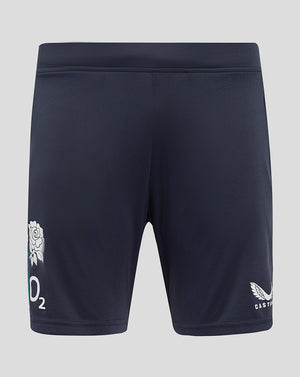 Navy England Rugby knit shorts with elastic waistband rose crest on left leg O2 branding on left leg and Castore logo on right leg