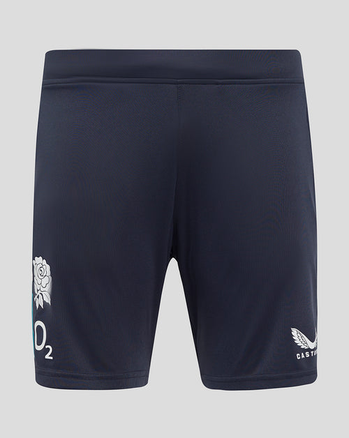 Navy England Rugby knit shorts with elastic waistband rose crest on left leg O2 branding on left leg and Castore logo on right leg
