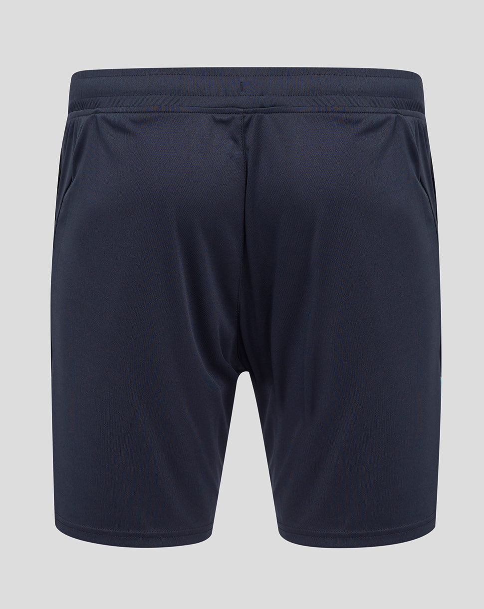 Back view of navy England Rugby knit shorts with elastic waistband.