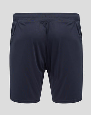 Back view of navy England Rugby knit shorts with elastic waistband.