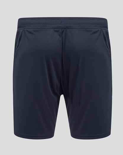 Back view of navy England Rugby knit shorts with elastic waistband.