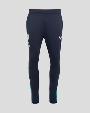 Navy England Rugby knit pants with pockets, rose crest and O2 logo on the right leg, Castore on the left, teal side panels.