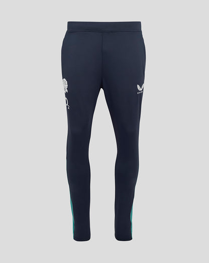 Navy England Rugby knit pants with pockets, rose crest and O2 logo on the right leg, Castore on the left, teal side panels.