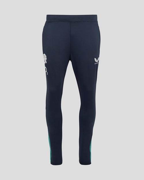 Navy England Rugby knit pants with pockets, rose crest and O2 logo on the right leg, Castore on the left, teal side panels.
