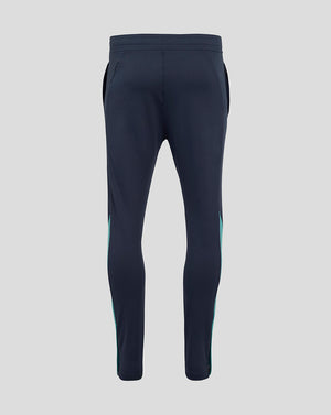 Back view of navy England Rugby knit pants with elastic waistband and teal side panels.