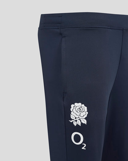 Close up of navy England Rugby knit pants showing rose crest and O2 logo on the left leg.
