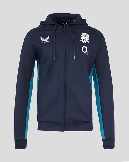 Navy England Rugby hoodie with teal side panels and chest logos