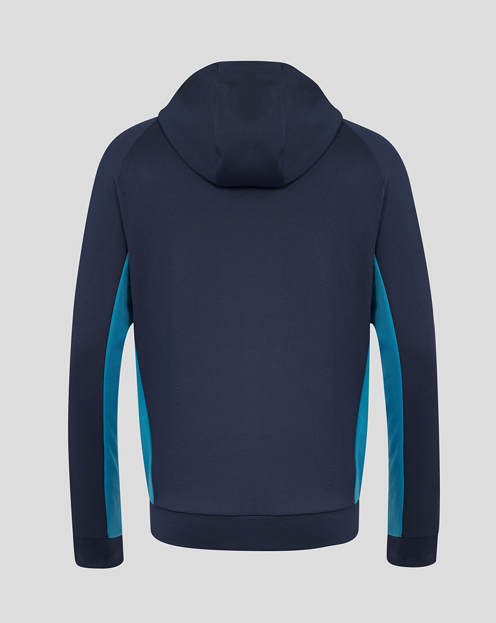 Rear view of navy England rugby performance hoodie with teal side panels and three-piece hood.
