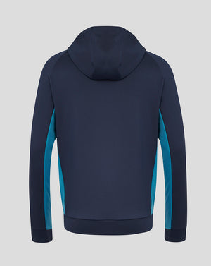 Rear view of navy England rugby performance hoodie with teal side panels and three-piece hood.