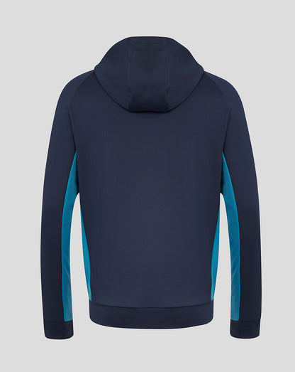 Rear view of navy England rugby performance hoodie with teal side panels and three-piece hood.