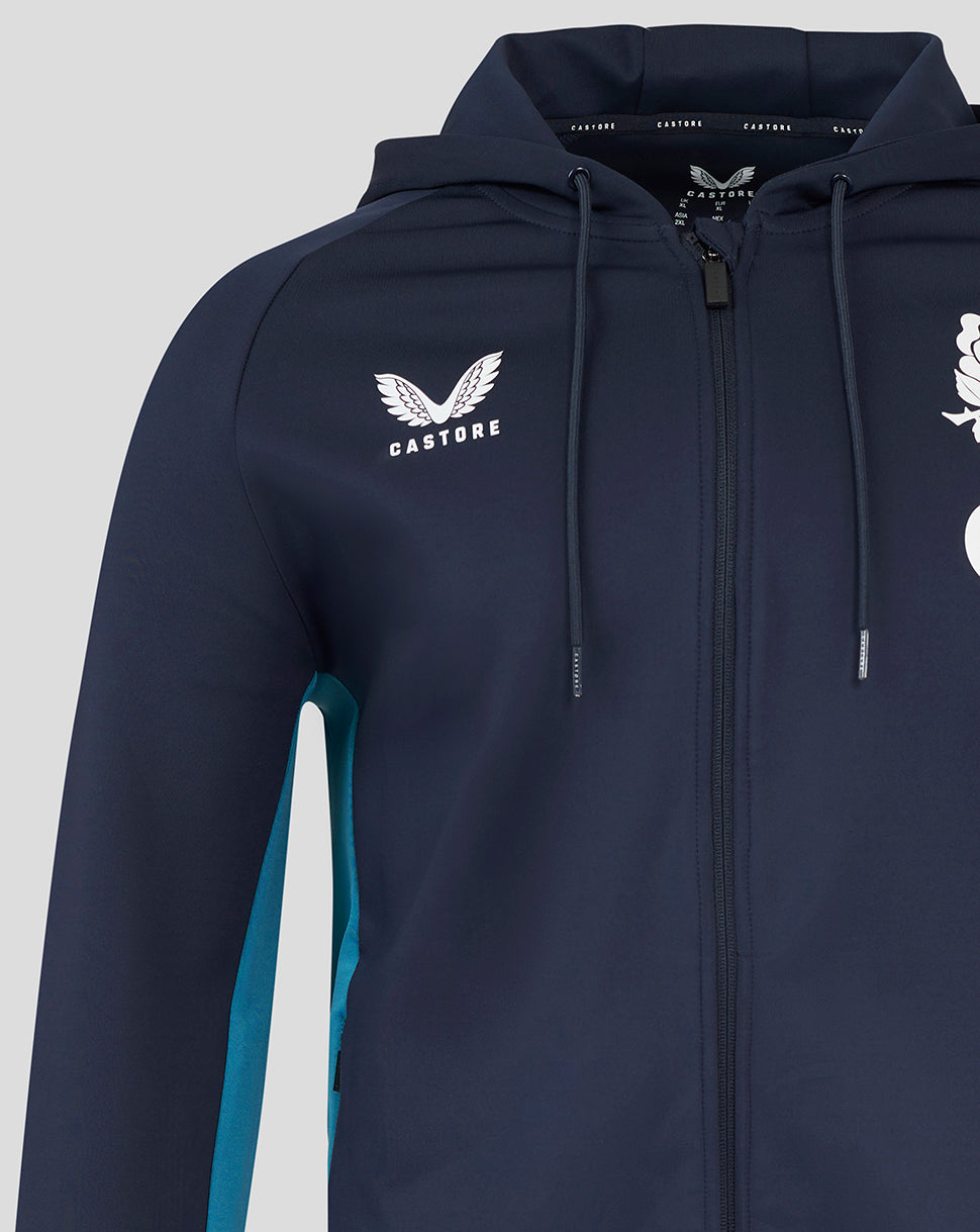 Front view of navy England rugby performance hoodie with full zip and chest logos.