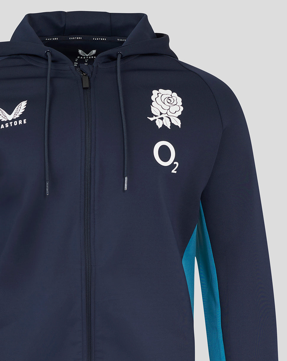 Close up of navy England rugby hoodie showing Castore logo on left chest and O2 rose crest on right chest.
