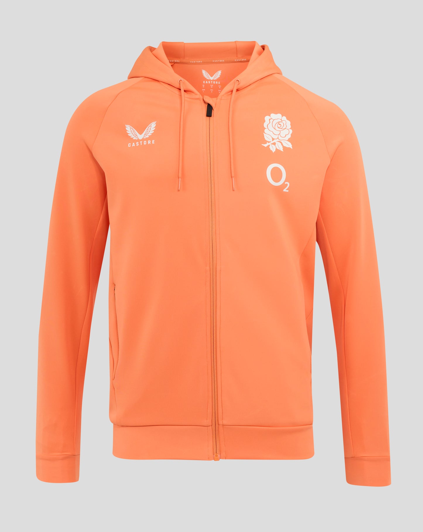 Melon colored men's England Rugby performance full zip hoodie with rose crest and O2 logo on the chest