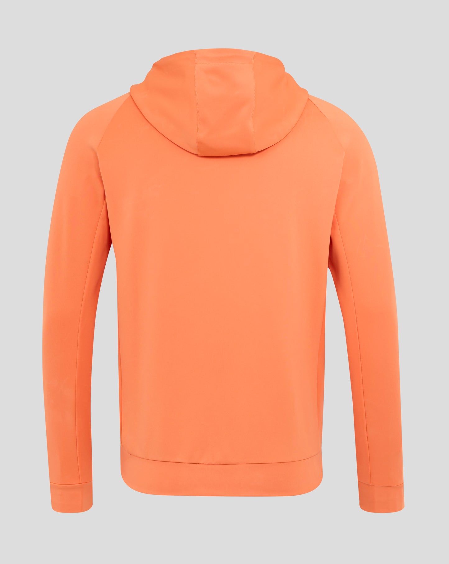 Back view of melon orange England Rugby performance full zip hoodie with hood
