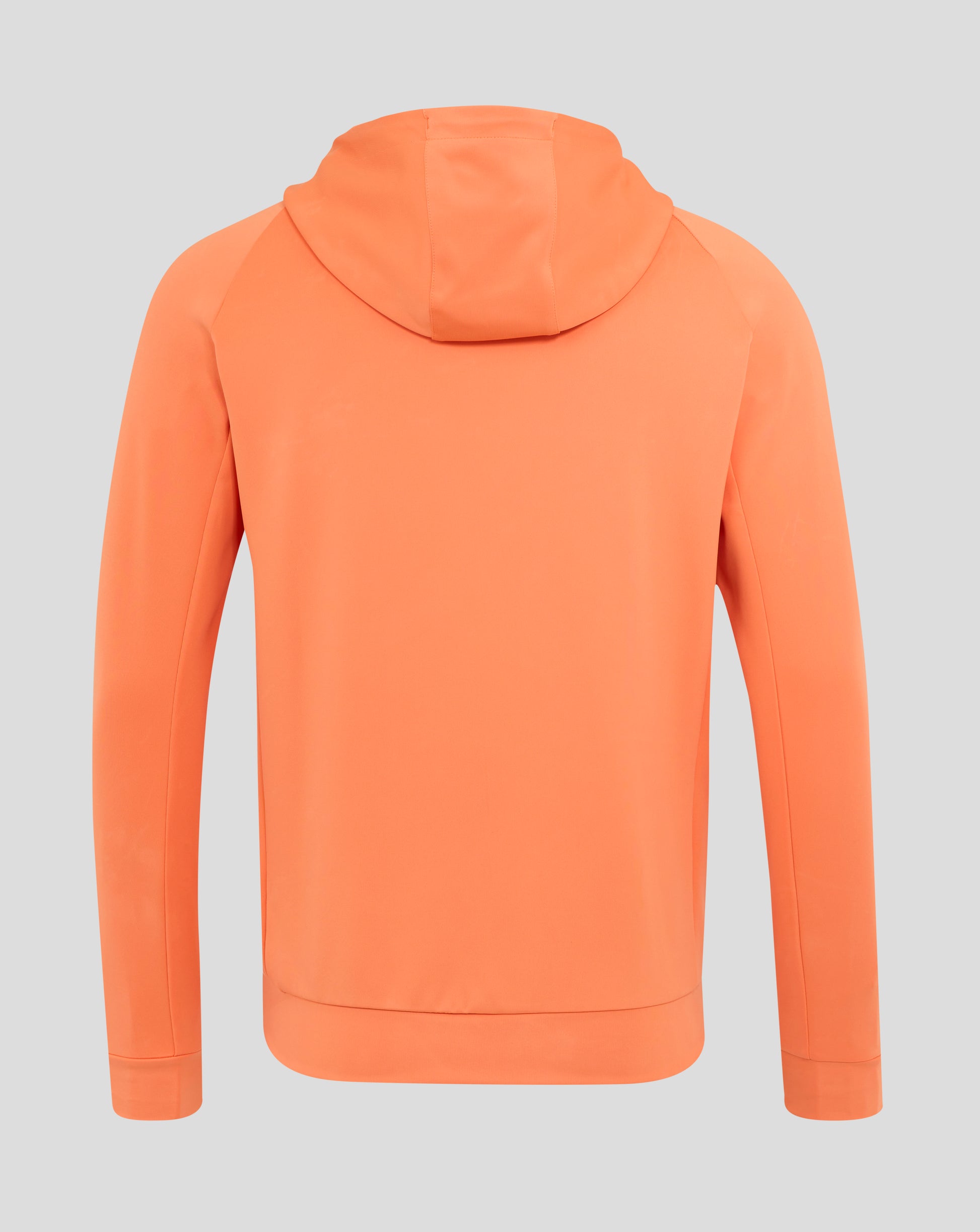 Back view of melon orange England Rugby performance full zip hoodie with hood
