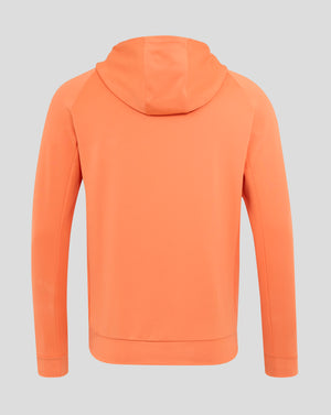 Back view of melon orange England Rugby performance full zip hoodie with hood