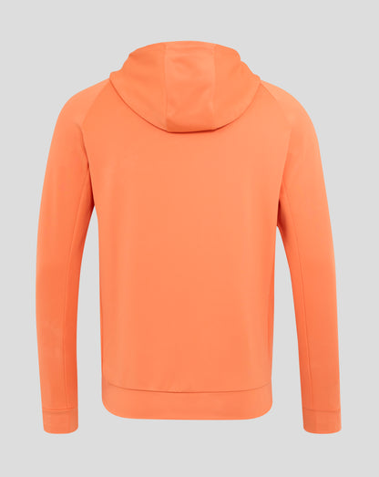 Back view of melon orange England Rugby performance full zip hoodie with hood