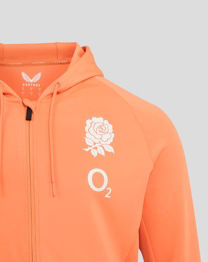 Close up of melon hoodie neckline showing Castore label and white rose chest graphic