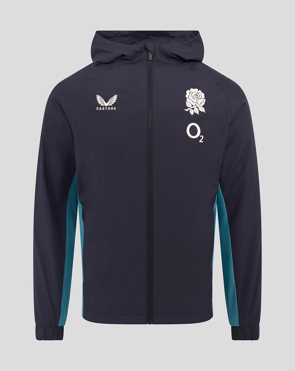 Front view of navy England Rugby shower jacket with teal side panels, Castore logo on right chest and rose crest with O2 on left chest