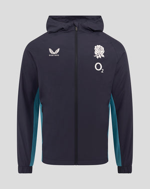 Front view of navy England Rugby shower jacket with teal side panels, Castore logo on right chest and rose crest with O2 on left chest