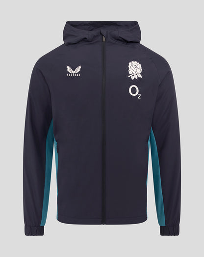 Front view of navy England Rugby shower jacket with teal side panels, Castore logo on right chest and rose crest with O2 on left chest