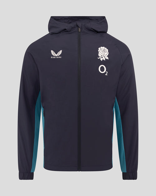 Front view of navy England Rugby shower jacket with teal side panels, Castore logo on right chest and rose crest with O2 on left chest