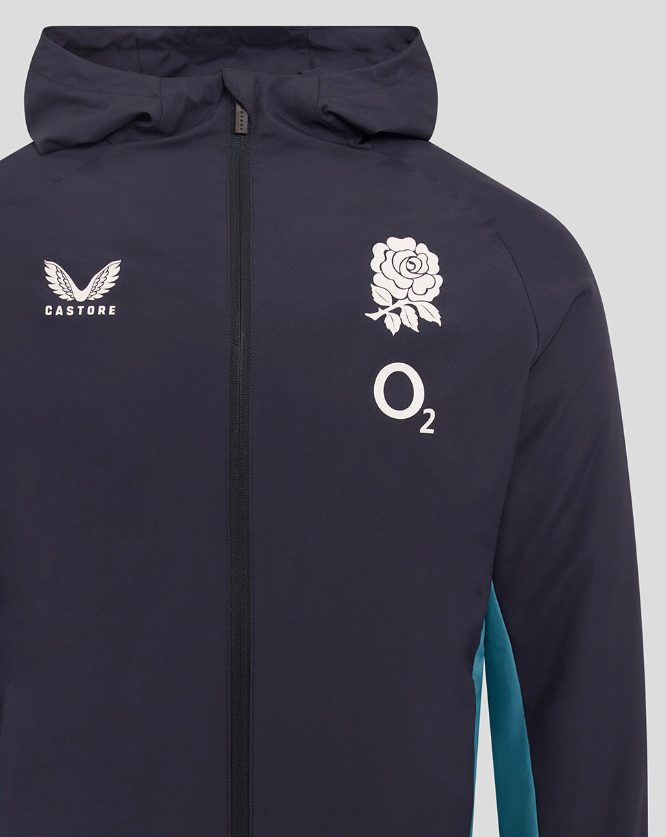 Navy England Rugby shower jacket front with rose crest O2 and Castore logos