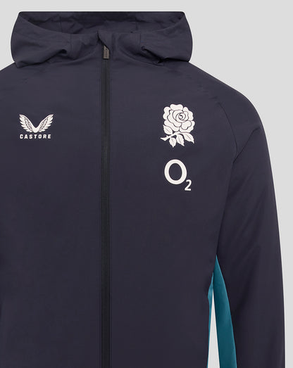 Navy England Rugby shower jacket front with rose crest O2 and Castore logos