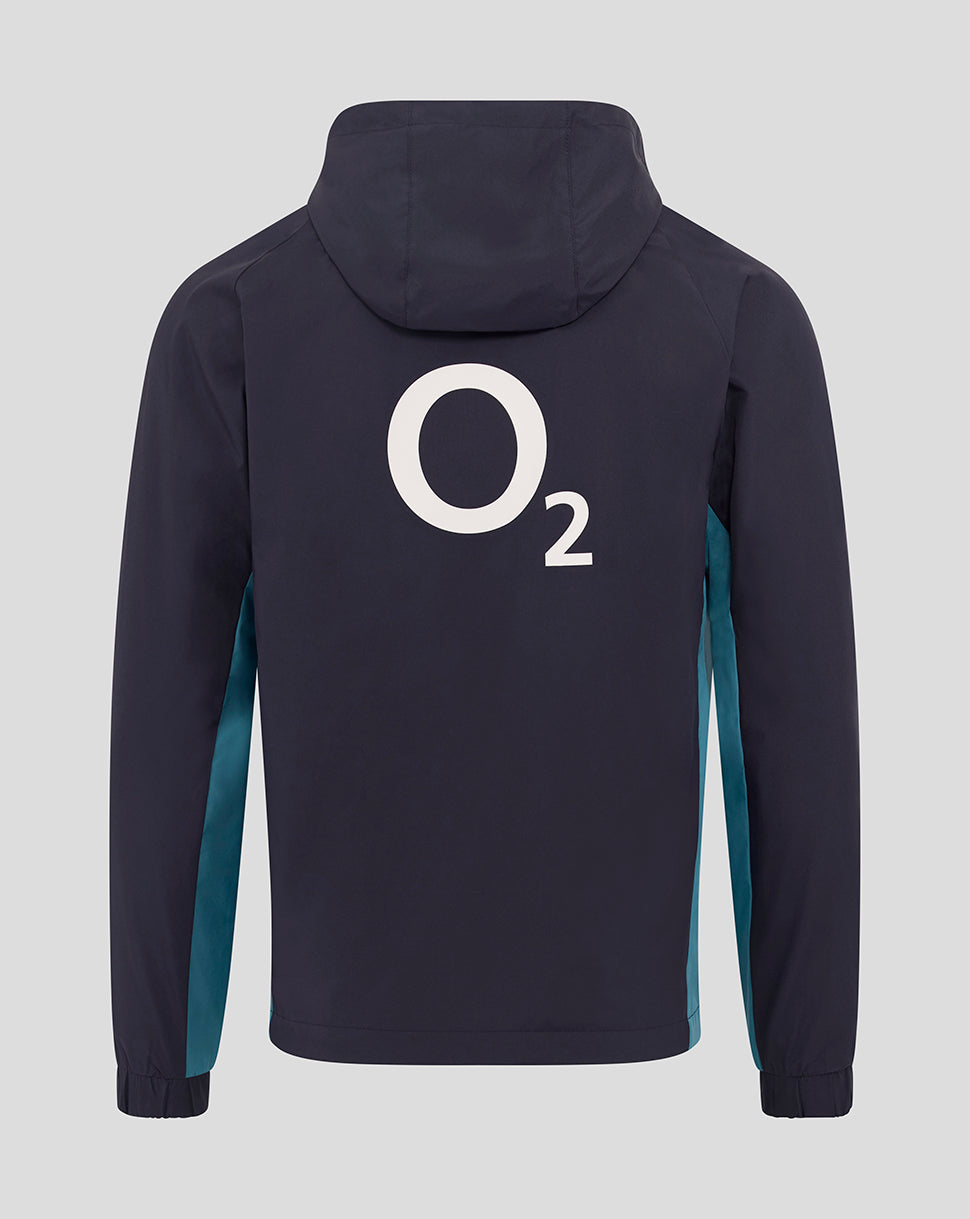 Back view of navy jacket with teal side panels and large white O2 logo on back
