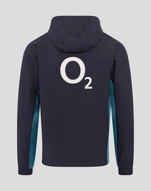 Back view of navy jacket with teal side panels and large white O2 logo on back