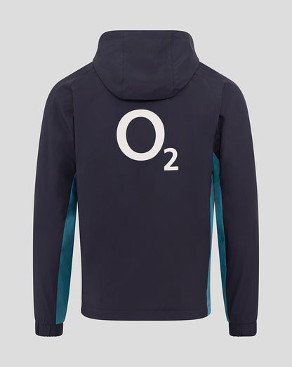 Back view of navy jacket with teal side panels and large white O2 logo on back