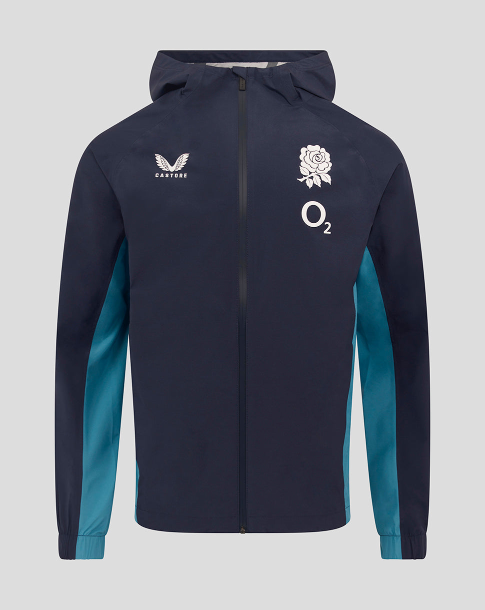 Front view of navy England Rugby rain jacket with hood, rose crest on left chest and O2 logos