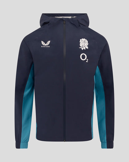 Front view of navy England Rugby rain jacket with hood, rose crest on left chest and O2 logos