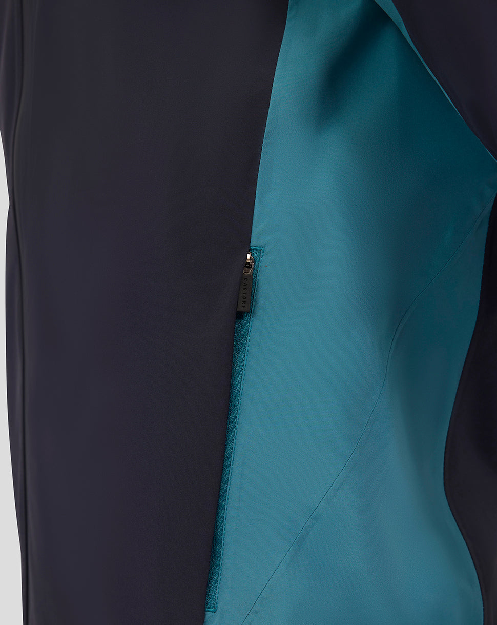 Close-up of zipped teal side panel on navy lightweight rain jacket