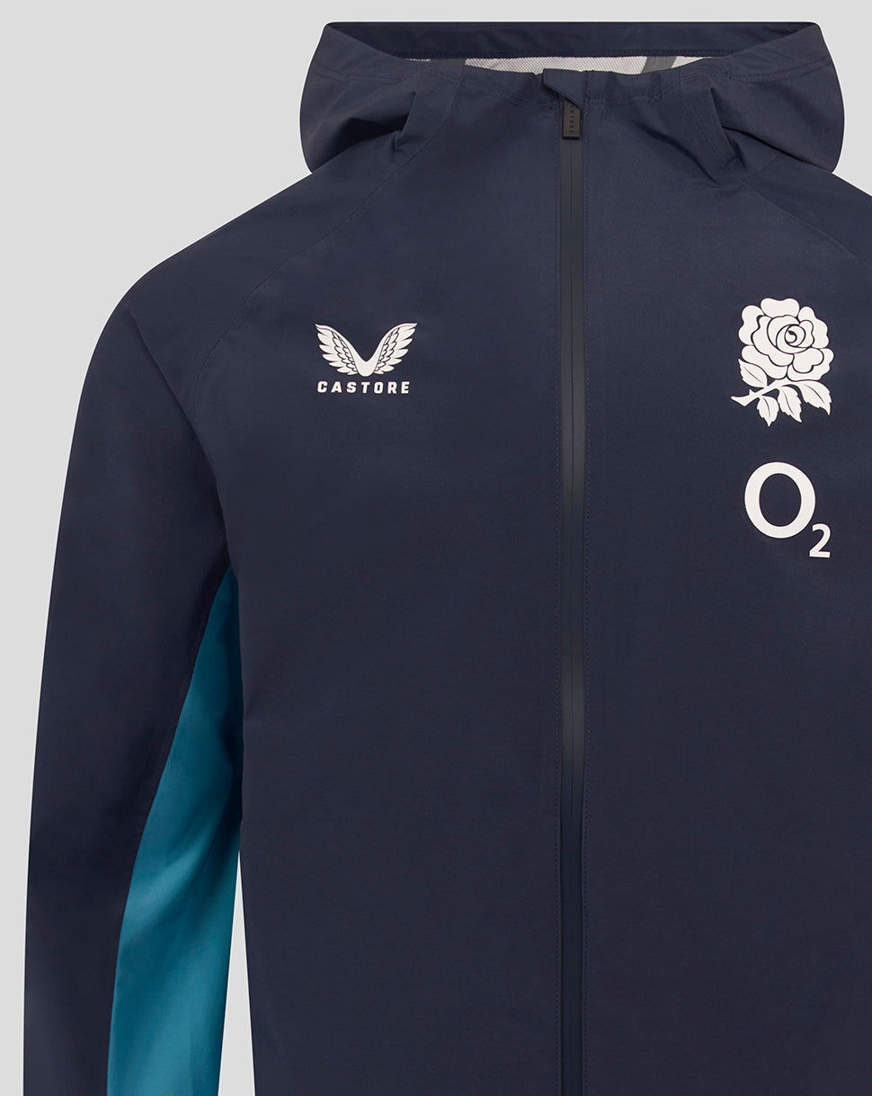 Navy England Rugby rain jacket close up showing Castore logo on the left chest and rose crest with O2 branding on the right chest, full front zip and hood