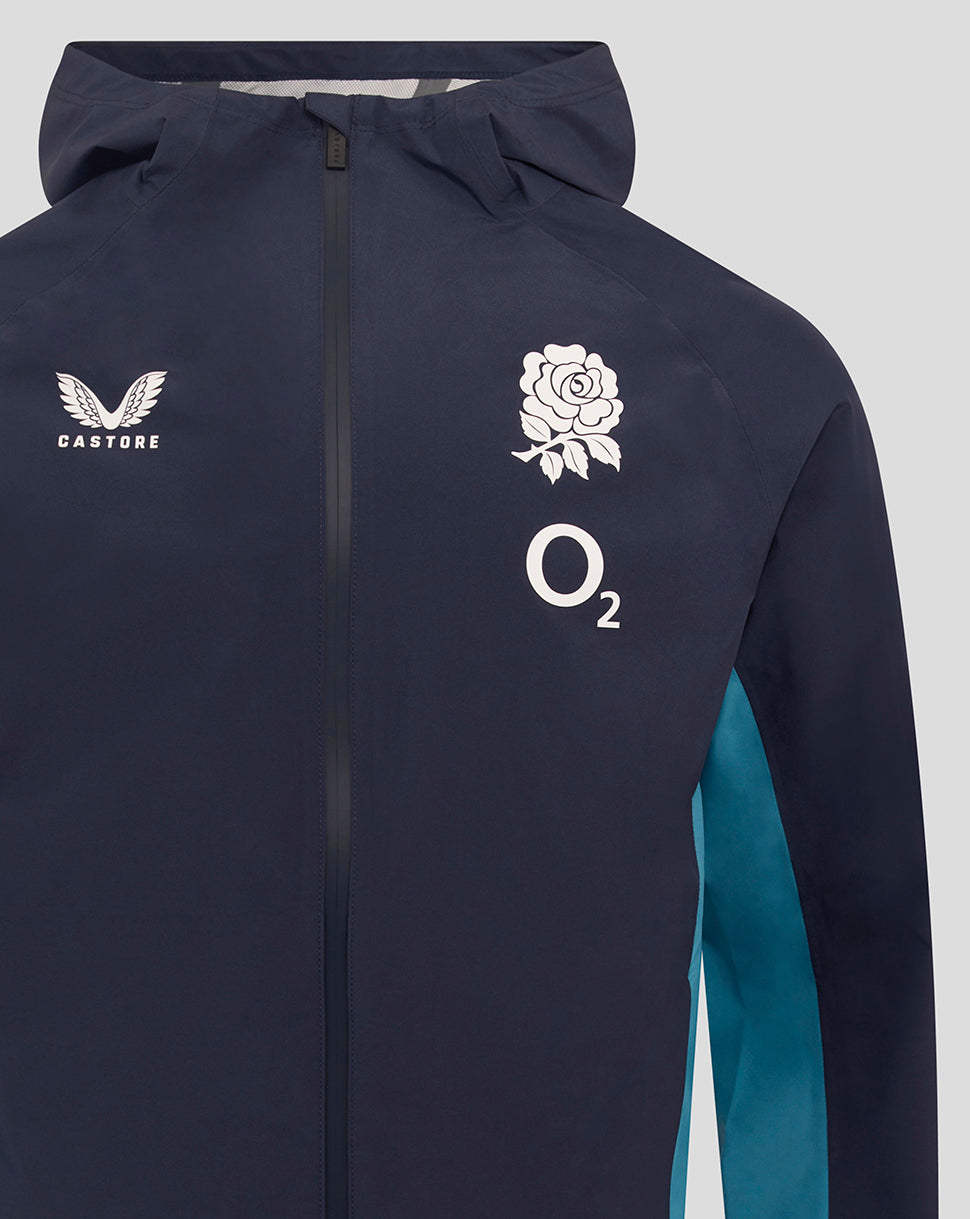 Navy England Rugby rain jacket close up highlighting Castore logo on left chest and the rose crest with O2 branding on the right side