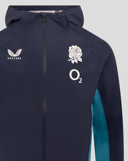 Navy England Rugby rain jacket close up highlighting Castore logo on left chest and the rose crest with O2 branding on the right side