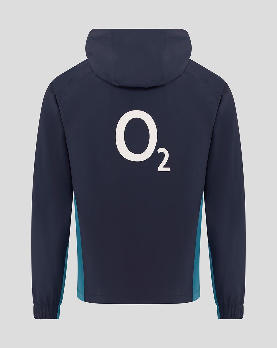 Back view of navy England Rugby rain jacket with large white O2 logo on back and hood