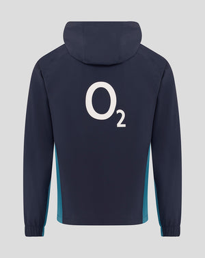Back view of navy England Rugby rain jacket with large white O2 logo on back and hood