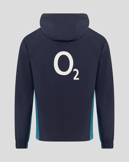 Back view of navy England Rugby rain jacket with large white O2 logo on back and hood