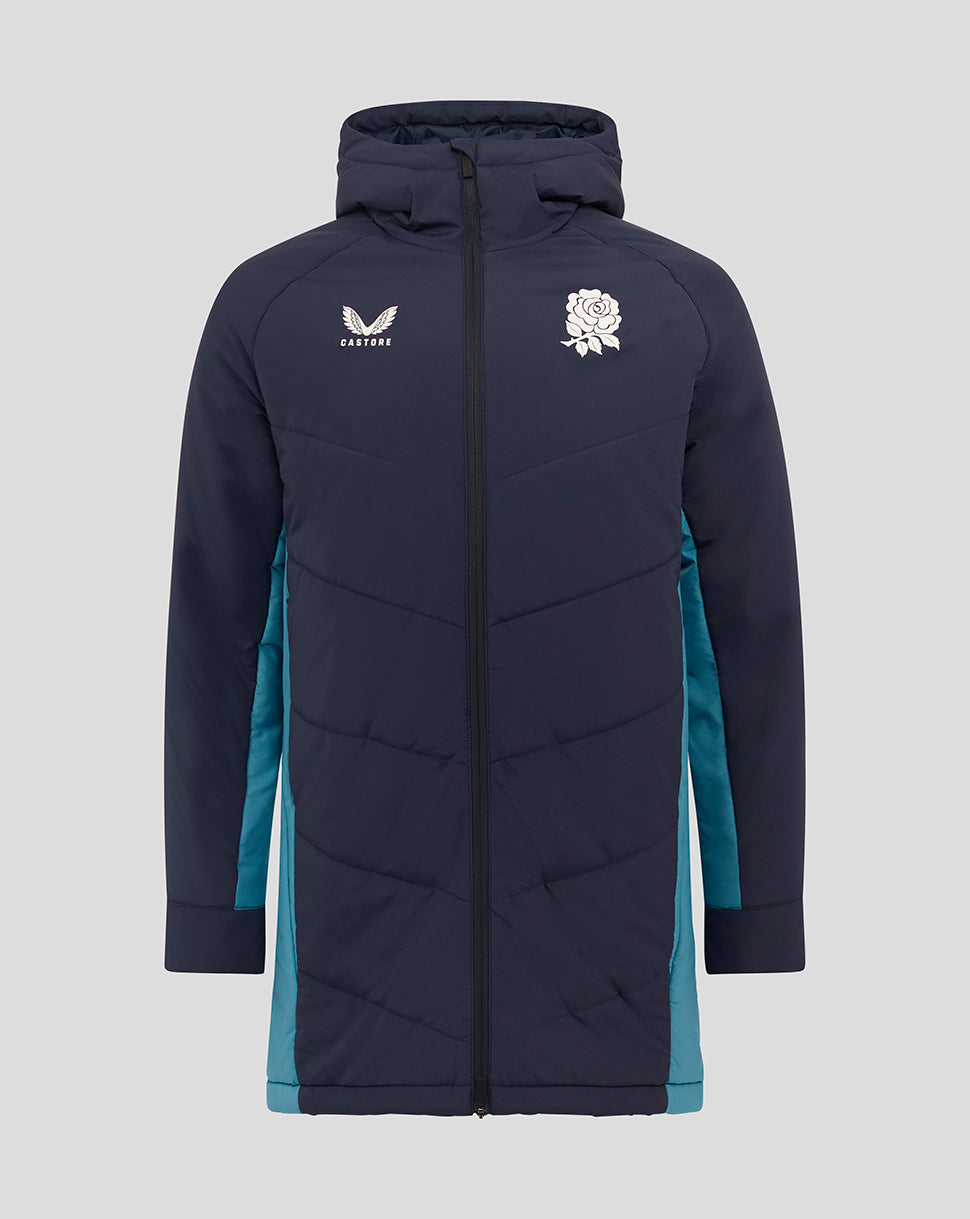 Front view of navy padded rugby jacket with rose crest and Castore logo and teal side panels