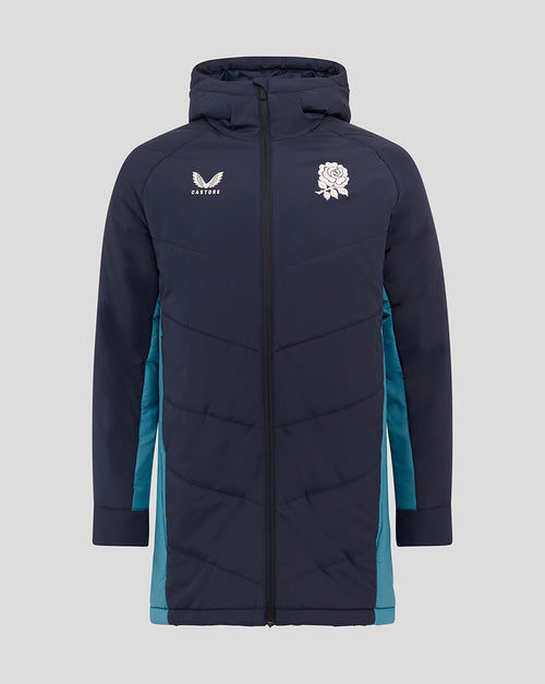 Front view of navy padded rugby jacket with rose crest and Castore logo and teal side panels