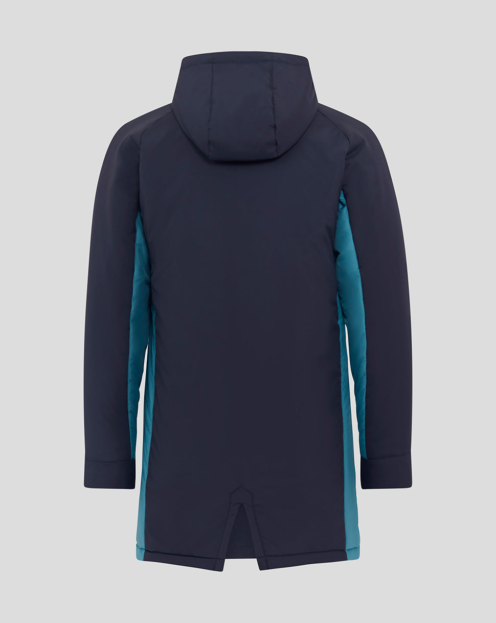 Back view of navy padded rugby jacket with hood and teal side panels