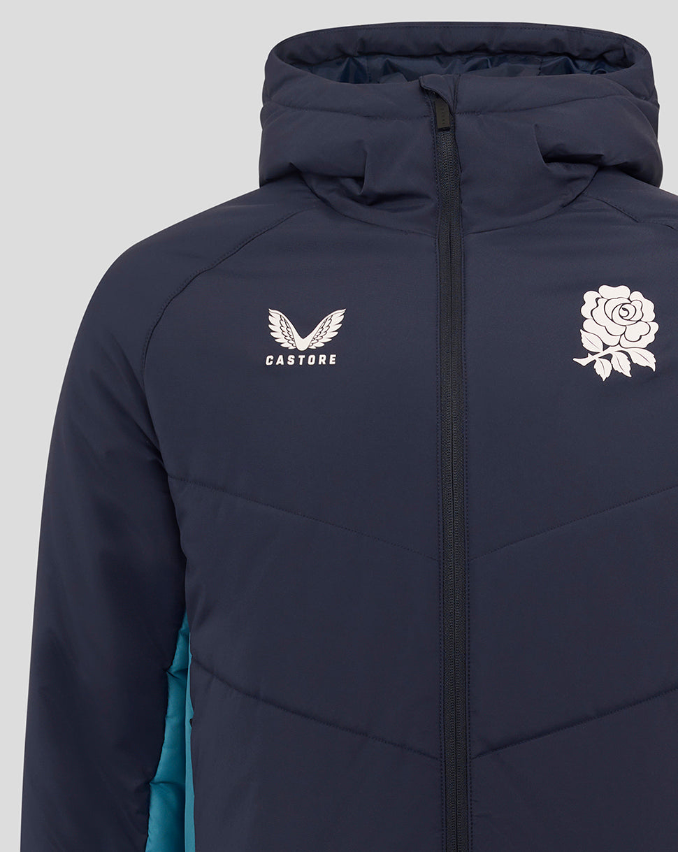 Navy padded rugby jacket with high collar and center zip; Castore logo on left chest and Rose crest on right