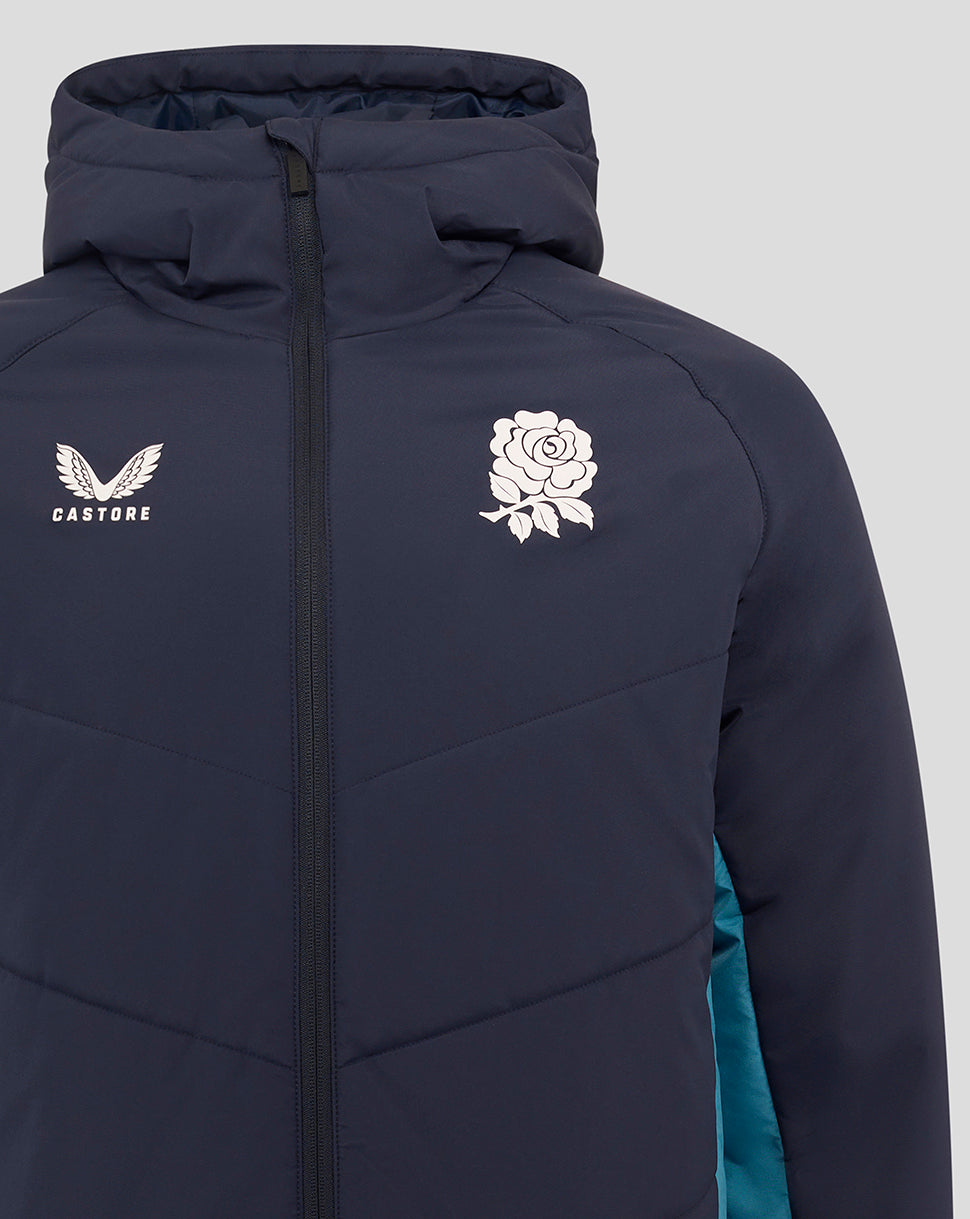 Navy England Rugby jacket chest view with rose crest on left and O2 logo beside it, Castore on right