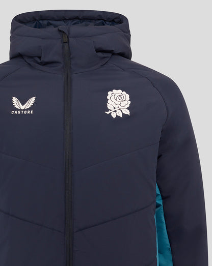 Navy England Rugby jacket chest view with rose crest on left and O2 logo beside it, Castore on right