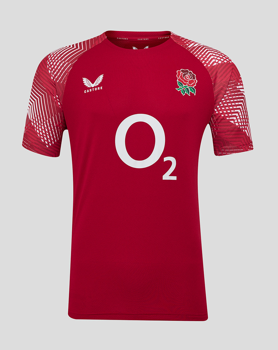 Bold red England Rugby Pre Match short sleeve tee featuring a large O2 logo center, rose crest on the left chest and abstract sleeve pattern