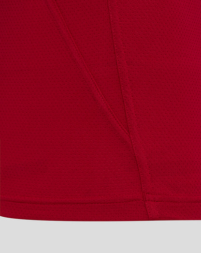 Close-up of red England Rugby pre-match shirt fabric with seam detail